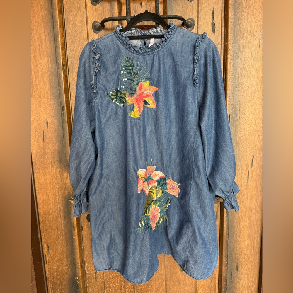 Zara floral, embroidered blue chambray Denim Shirt /dress